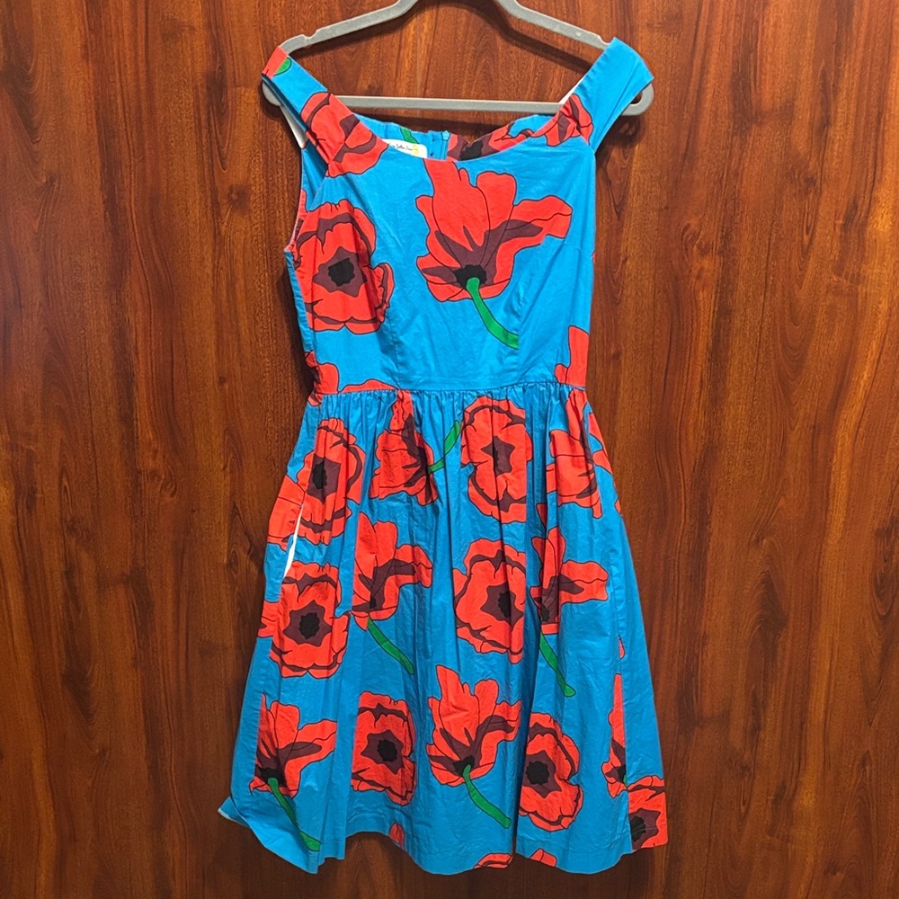 Happy Yellow Dress. Vintage. Blue Floral Sundress with Bold Red Poppies